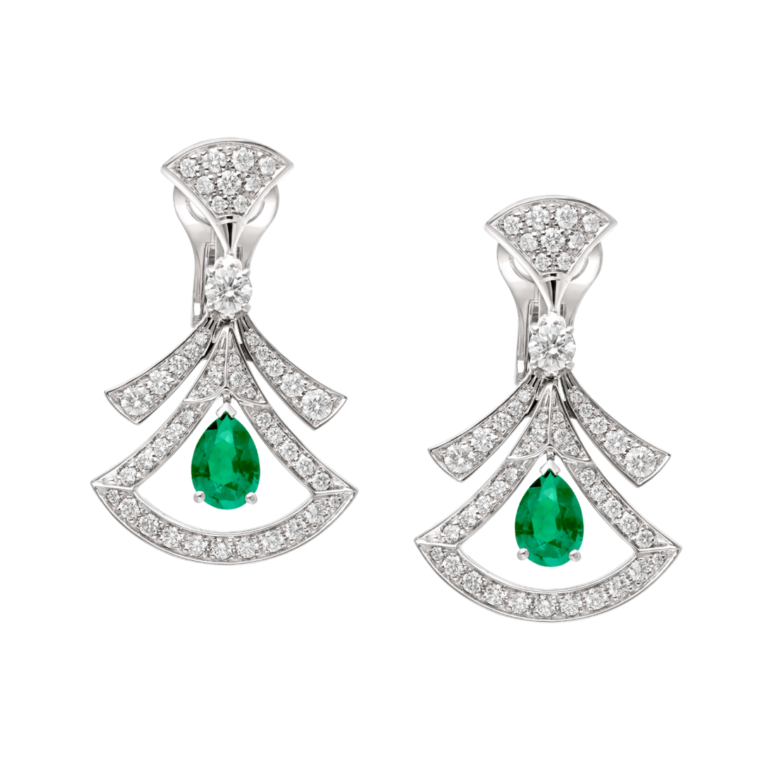 BVlgari DIVAS' DREAM High Jewelry pendant earrings—Italian luxury jewelry in white gold.