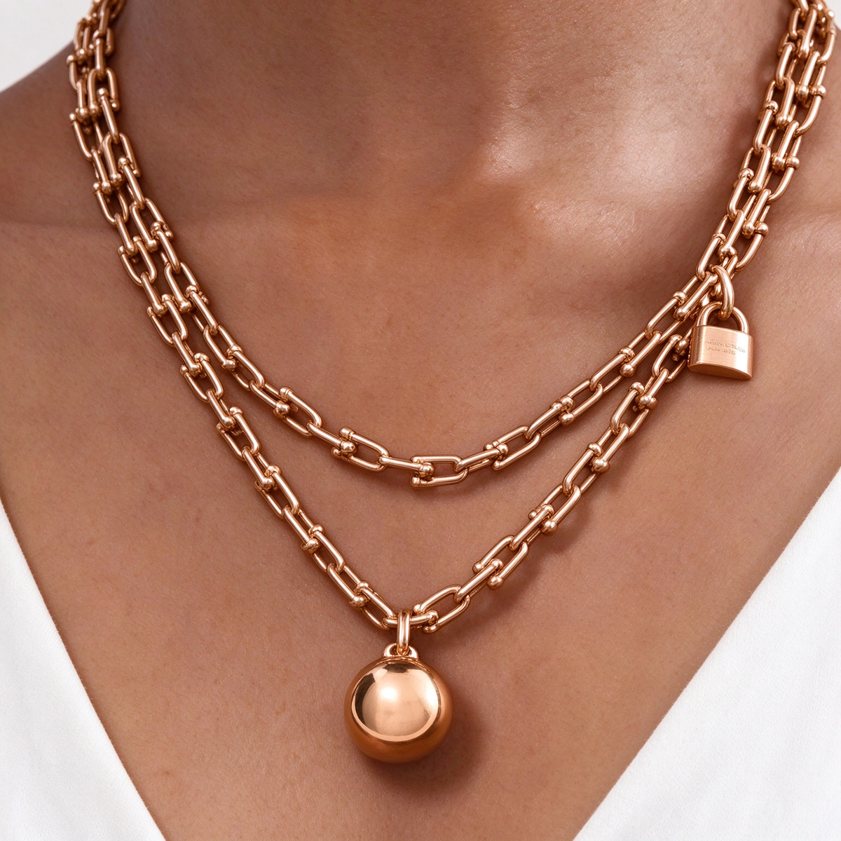 Tiffany gold wrap necklace—double-strand chain featuring signature spheres and a lock pendant.
