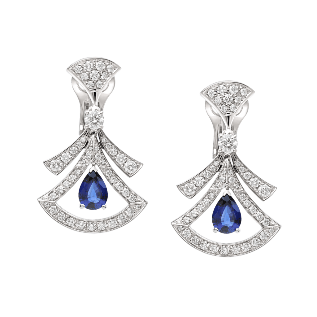 BVlgari DIVAS' DREAM High Jewelry pendant earrings—Italian luxury jewelry in white gold.