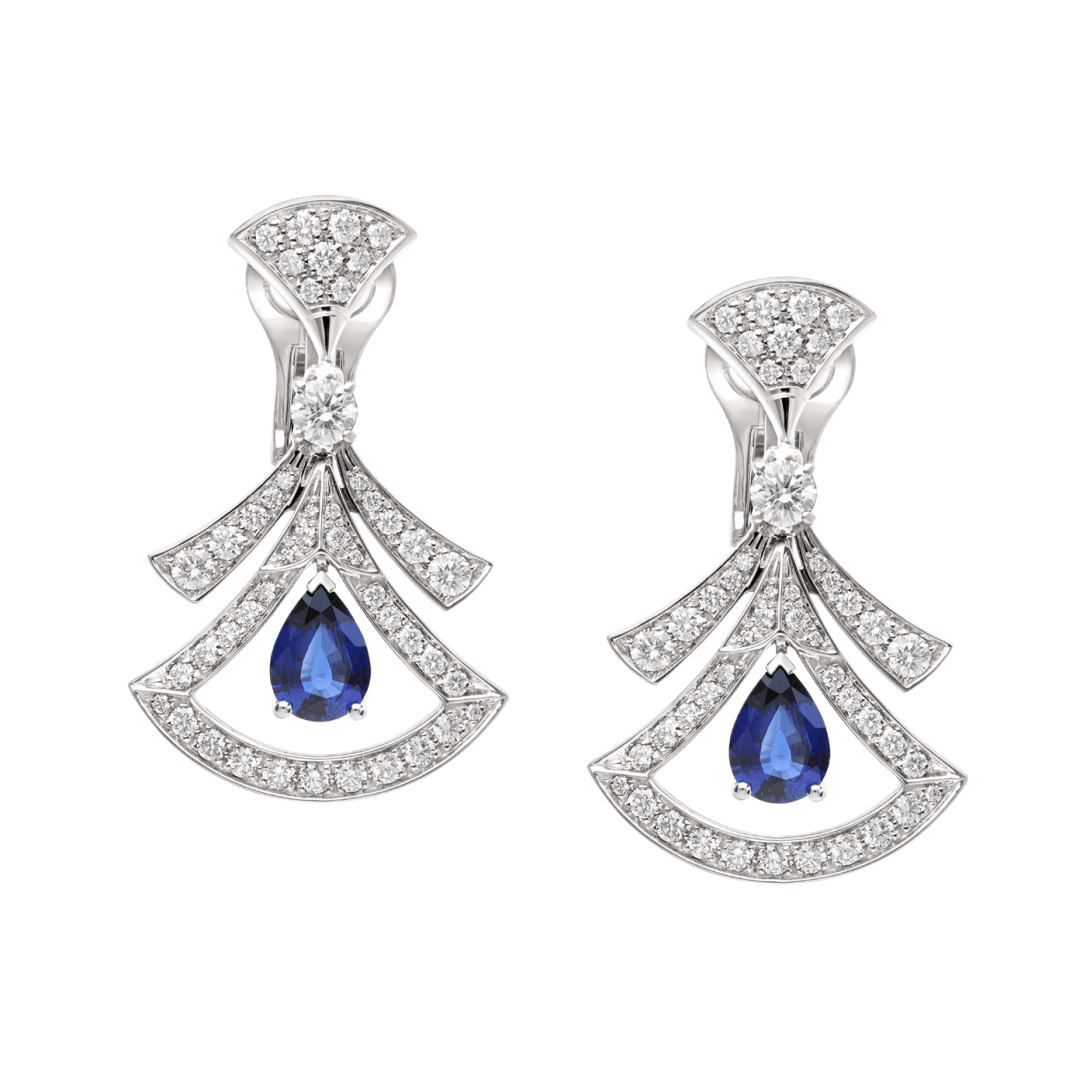 BVlgari DIVAS' DREAM High Jewelry pendant earrings—Italian luxury jewelry in white gold.