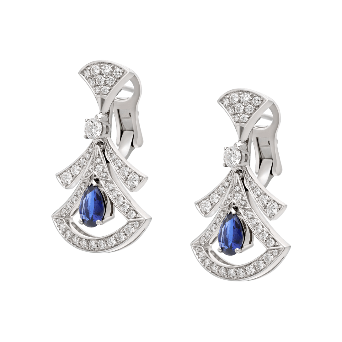 BVlgari DIVAS' DREAM High Jewelry pendant earrings—Italian luxury jewelry in white gold.