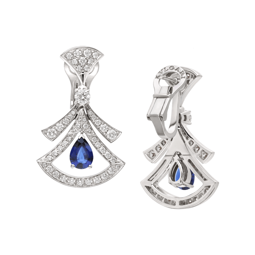 BVlgari DIVAS' DREAM High Jewelry pendant earrings—Italian luxury jewelry in white gold.
