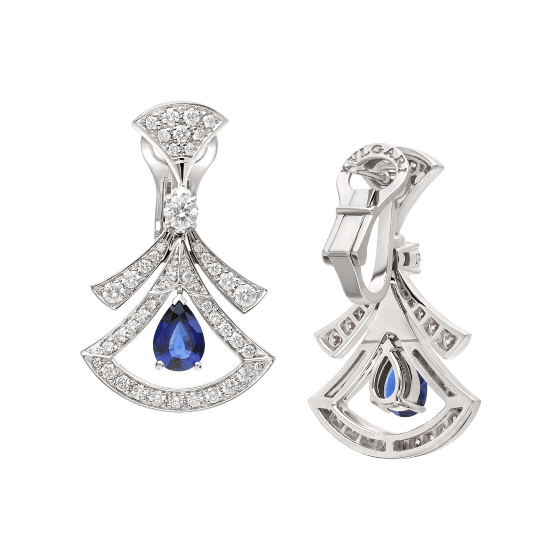 BVlgari DIVAS' DREAM High Jewelry pendant earrings—Italian luxury jewelry in white gold.