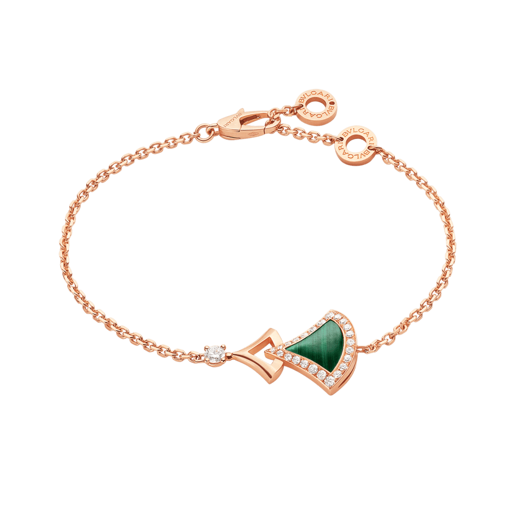 Bvlgari Divas' Dream rose gold bracelet with malachite, diamonds, and fan-shaped motifs.