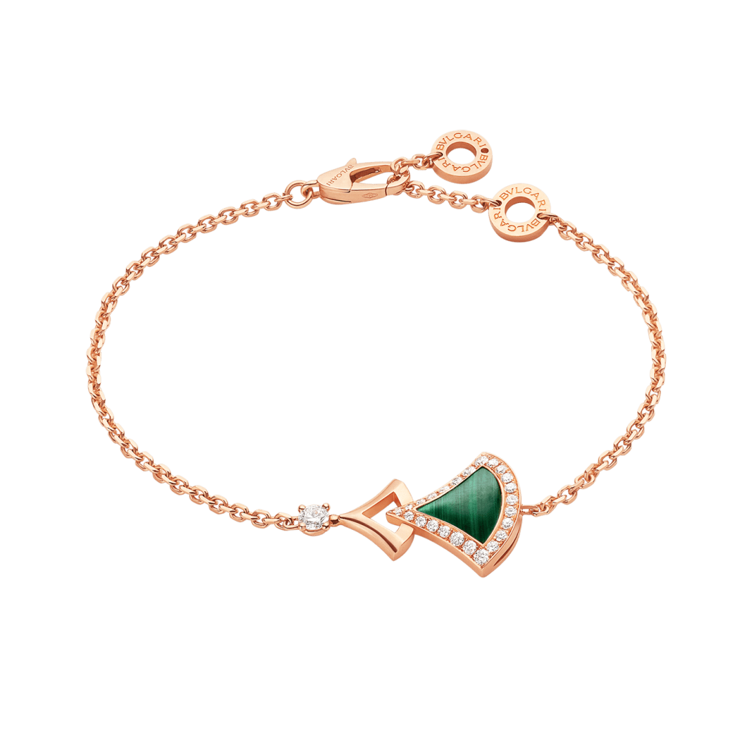 Bvlgari Divas' Dream rose gold bracelet with malachite, diamonds, and fan-shaped motifs.