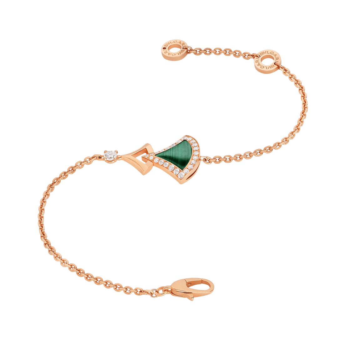 Bvlgari Divas' Dream rose gold bracelet with malachite, diamonds, and fan-shaped motifs.