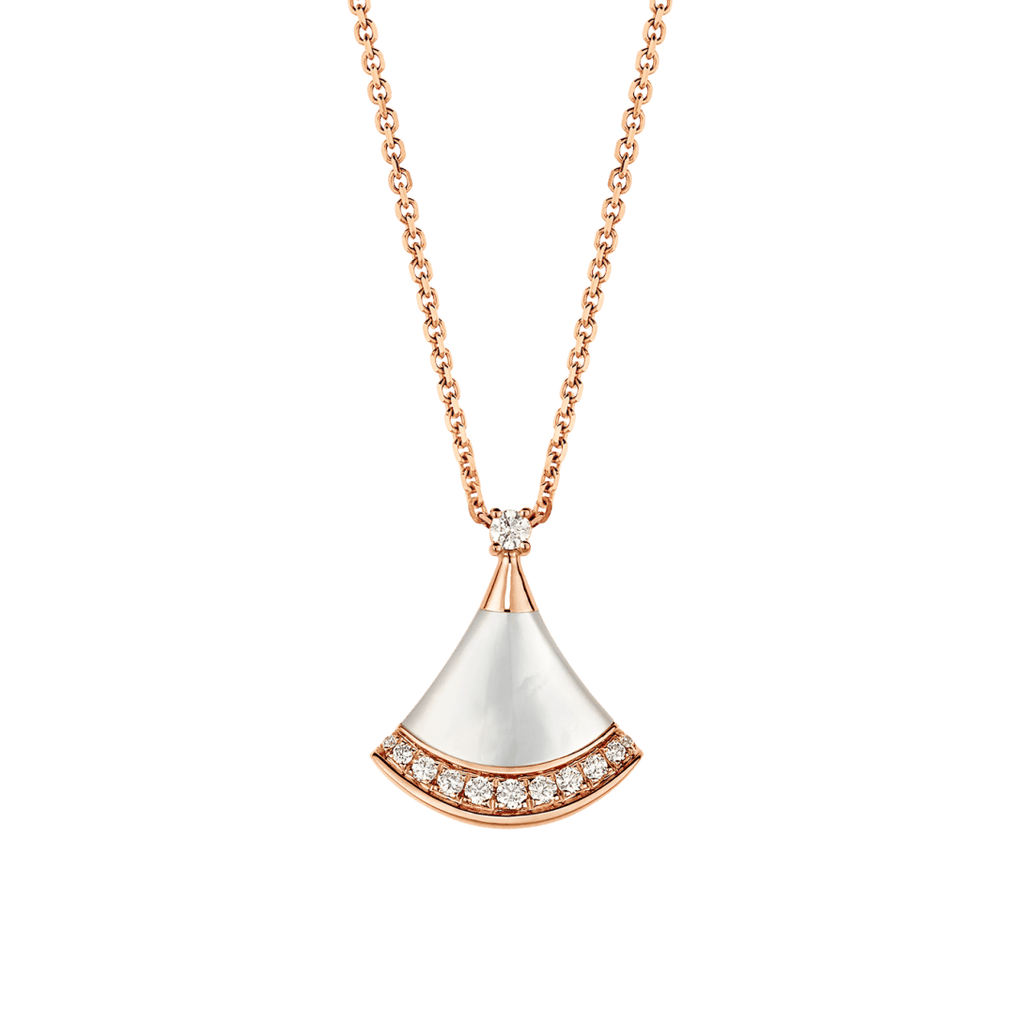 Bvlgari Divas' Dream rose gold fan-shaped necklace, set with mother-of-pearl and diamonds.