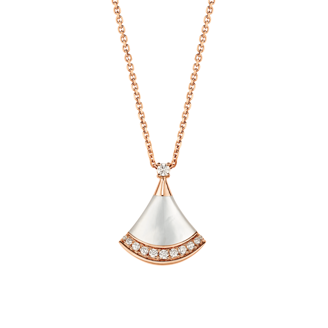 Bvlgari Divas' Dream rose gold fan-shaped necklace, set with mother-of-pearl and diamonds.