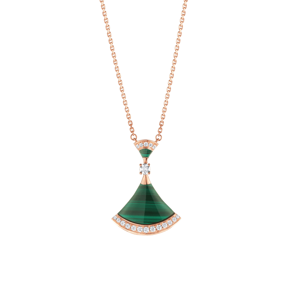 Bvlgari Divas' Dream Large Fan-Shaped Necklace in Rose Gold with Malachite and Diamonds