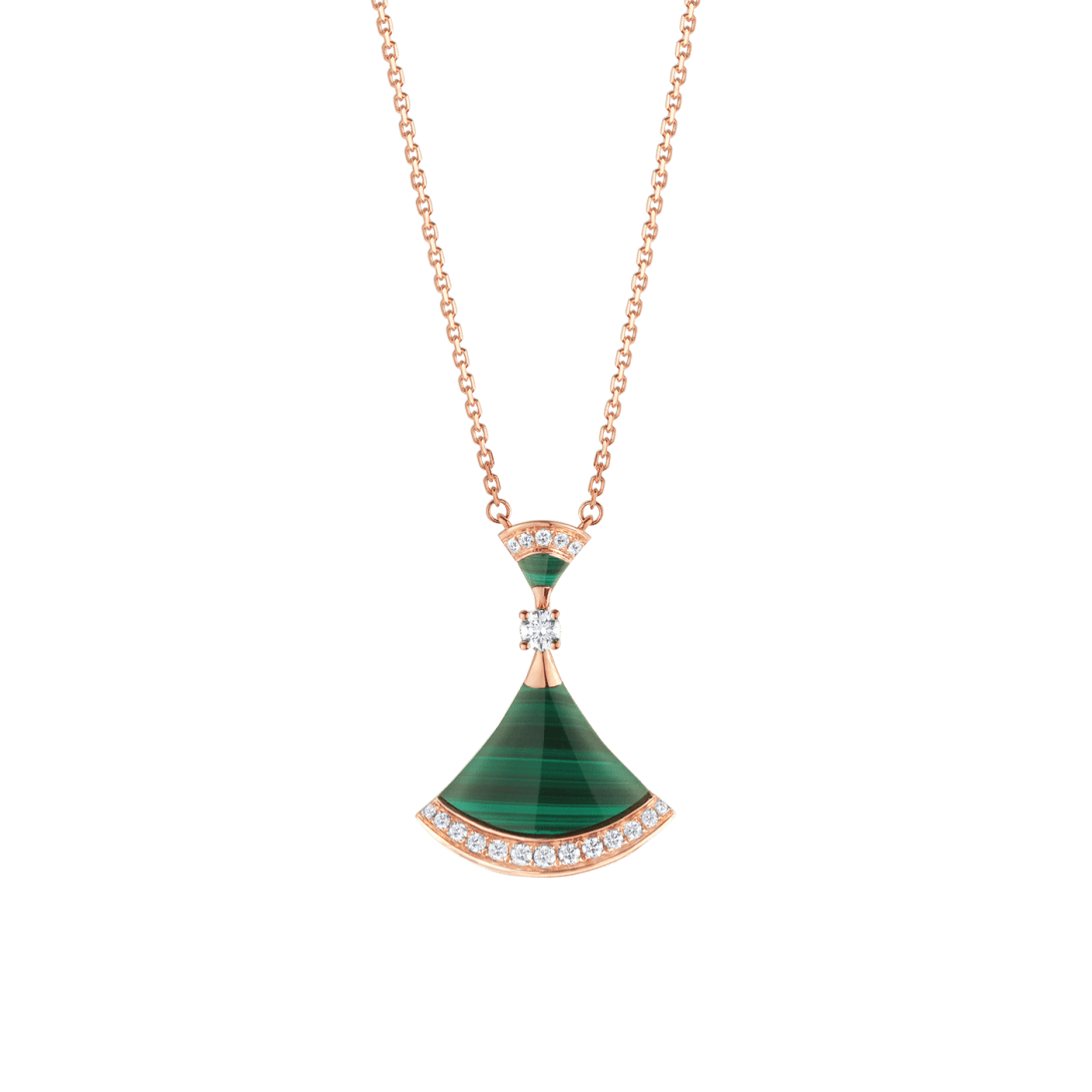 Bvlgari Divas' Dream Large Fan-Shaped Necklace in Rose Gold with Malachite and Diamonds