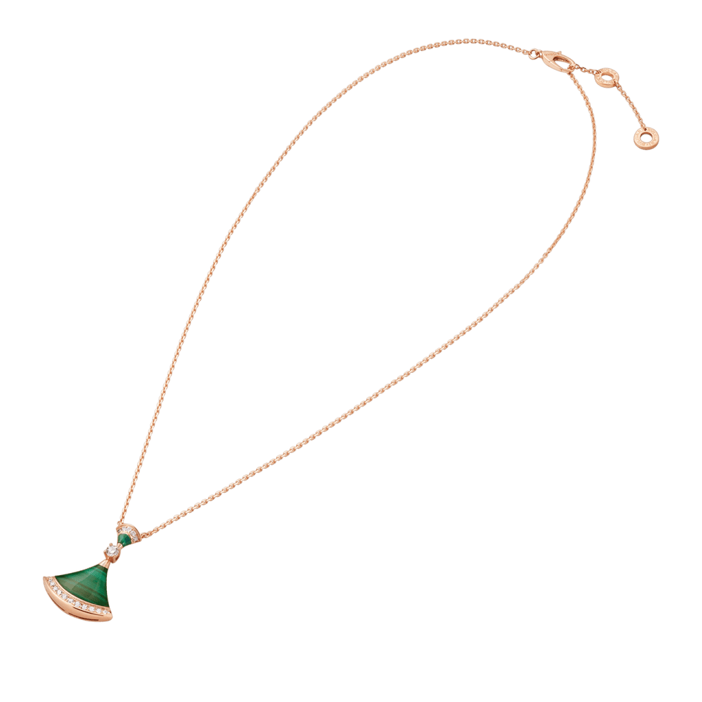 Bvlgari Divas' Dream Large Fan-Shaped Necklace in Rose Gold with Malachite and Diamonds