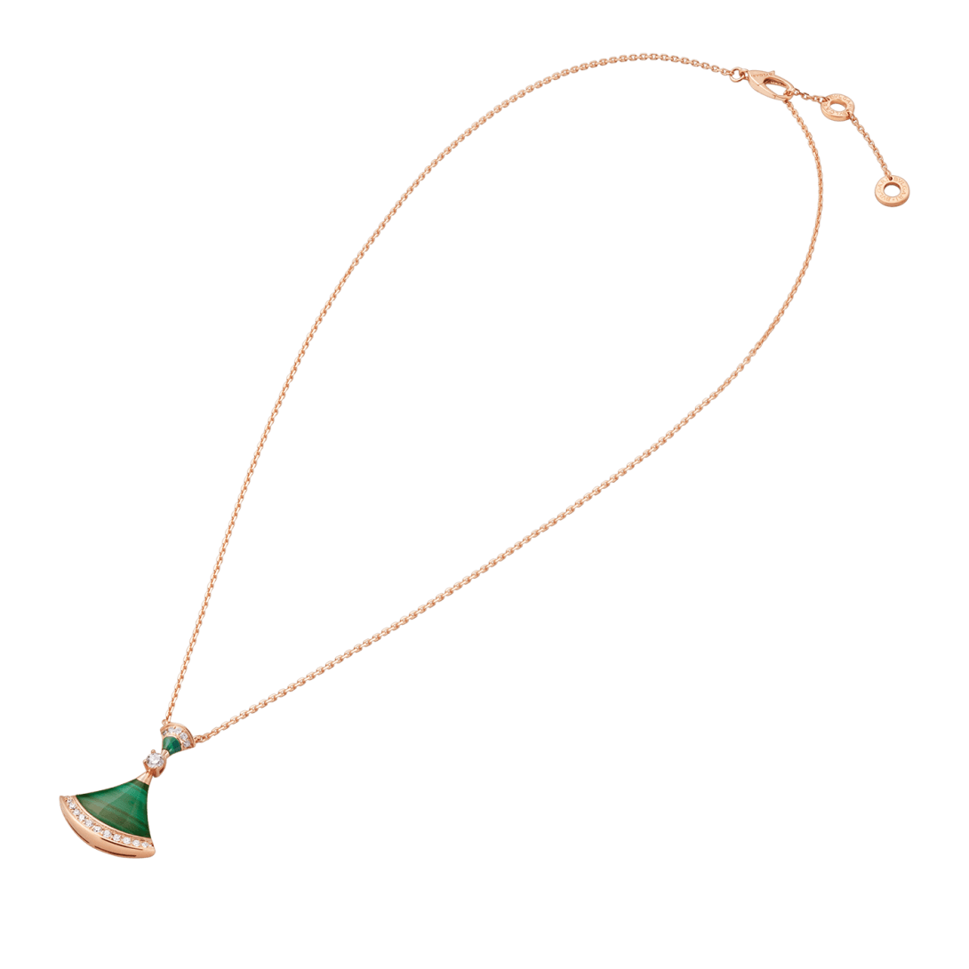 Bvlgari Divas' Dream Large Fan-Shaped Necklace in Rose Gold with Malachite and Diamonds