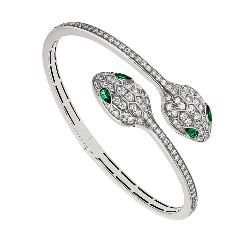 BVLGARI Serpenti Seduttori Bracelet – White gold, pavé diamonds, and emerald eyes