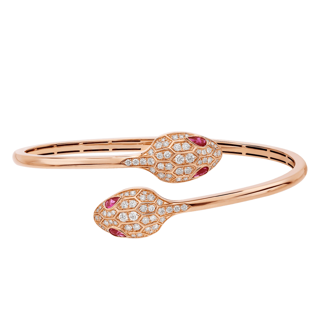BVLGARI Serpenti Seduttori rose gold bracelet with pavé diamonds and rubellite eyes.