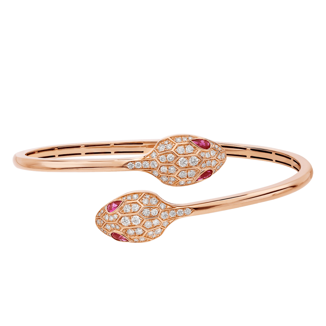 BVLGARI Serpenti Seduttori rose gold bracelet with pavé diamonds and rubellite eyes.