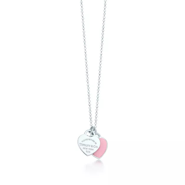 Tiffany & Co. Return to Tiffany Double Heart Tag Necklace in Silver with Pink Enamel