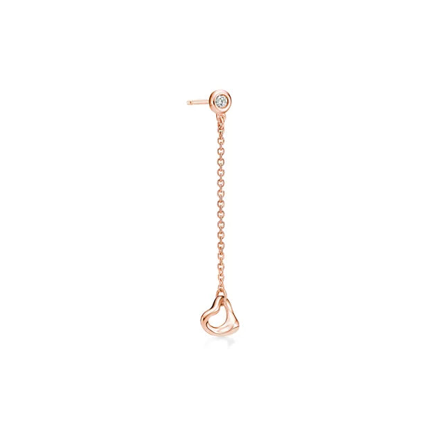 Tiffany Elsa Peretti Open Heart drop earrings—rose gold, featuring a long-chain drop design and the signature open-heart pendant.