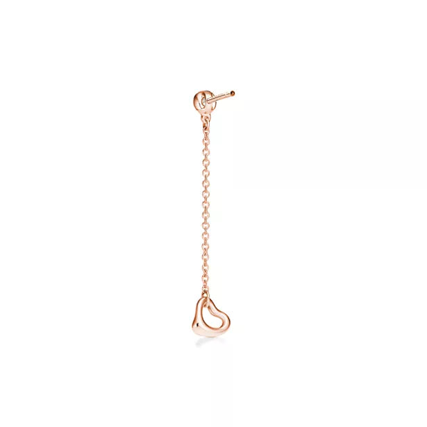 Tiffany Elsa Peretti Open Heart drop earrings—rose gold, featuring a long-chain drop design and the signature open-heart pendant.