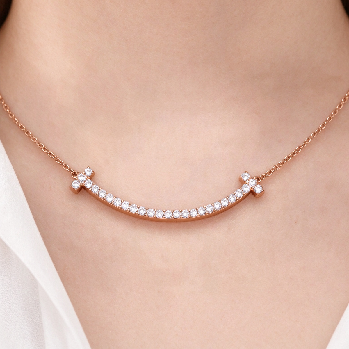 Tiffany & Co. Tiffany T Smile Medium Necklace, Rose Gold — Pavé Diamond Curved Pendant