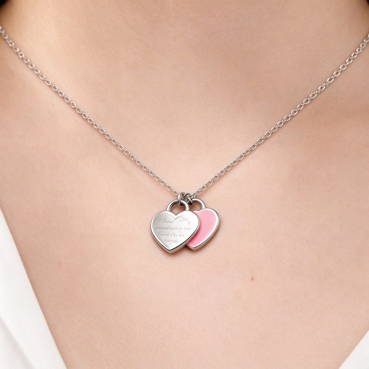 Tiffany & Co. Return to Tiffany Double Heart Tag Necklace in Silver with Pink Enamel