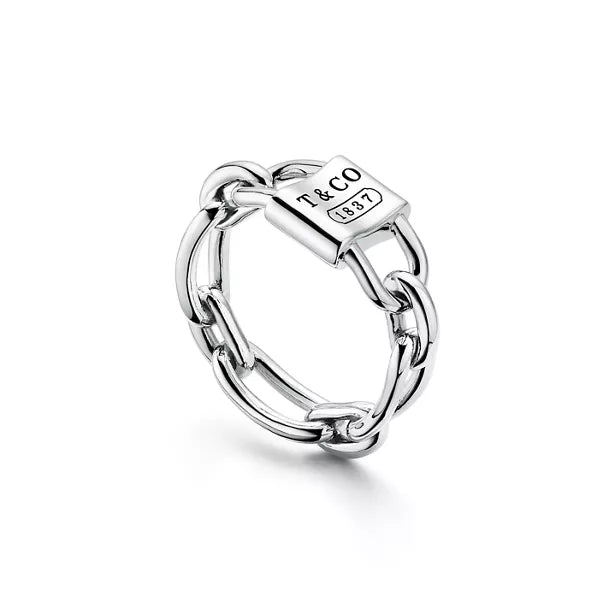 Tiffany 1837 Makers Narrow Chain Ring — Silver chain-style band featuring the signature T&CO hallmark plaque.