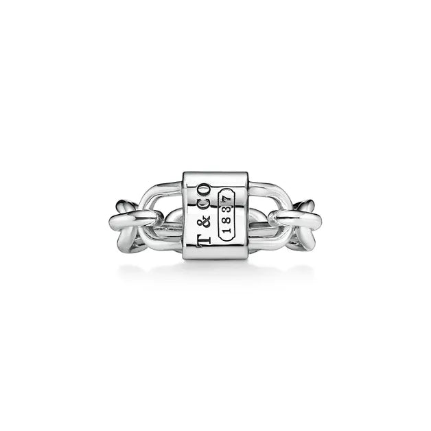 Tiffany 1837 Makers Narrow Chain Ring — Silver chain-style band featuring the signature T&CO hallmark plaque.
