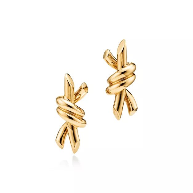 Tiffany Knot Small Gold Earrings—Hand-polished stud earrings featuring the signature organic knot design | Minimalist luxury gold jewelry