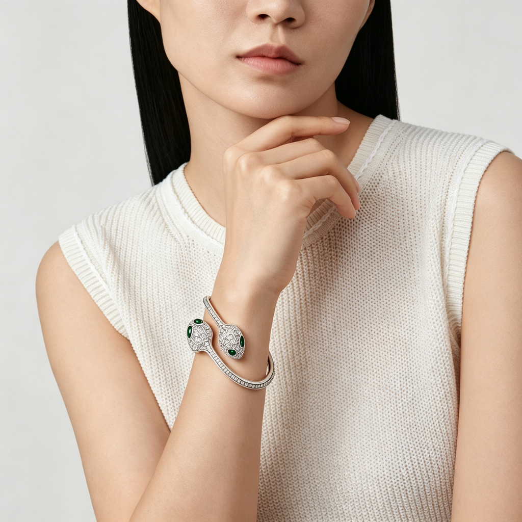 BVLGARI Serpenti Seduttori Bracelet – White gold, pavé diamonds, and emerald eyes