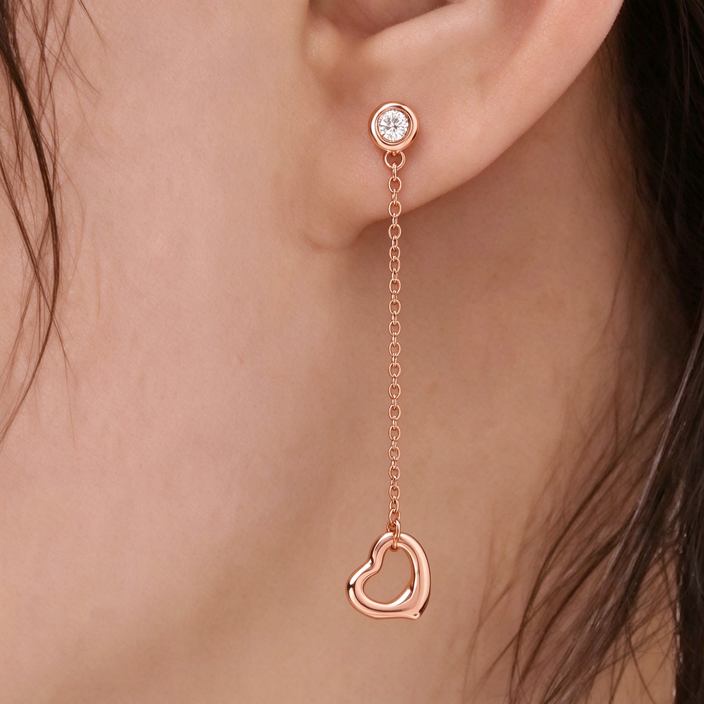 Tiffany Elsa Peretti Open Heart drop earrings—rose gold, featuring a long-chain drop design and the signature open-heart pendant.